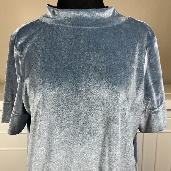Anthropologie Krisha Blouse Top Velvet Mock Neck Short Sleeve Slate Blue Size L - Picture 6 of 16